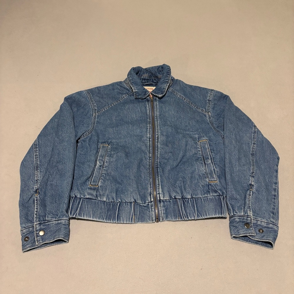 Levis Denim Bomber Jacket Womens Small Medium Wash Cropped Elastic Waist